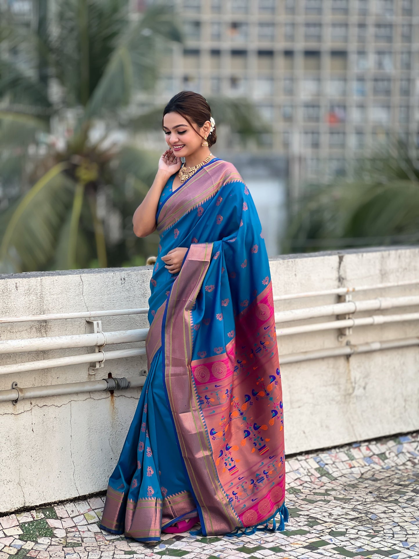 Teal blue color silk saree for women
