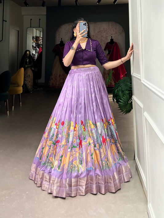  Lavender Dola Silk Kalamkari Printed Lehenga With Blouse