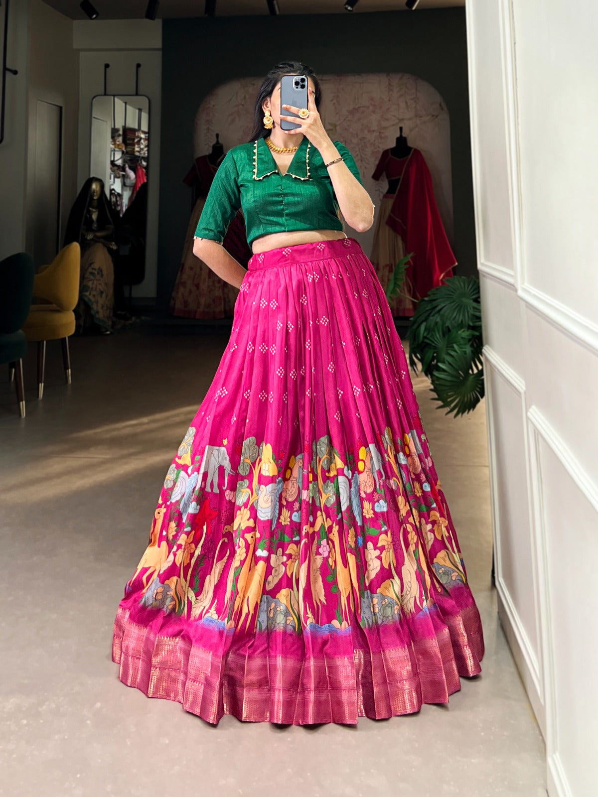 Pink dola silk kalamkari printed lehenga for party
