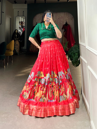 Red dola silk kalamkari printed lehenga design 
