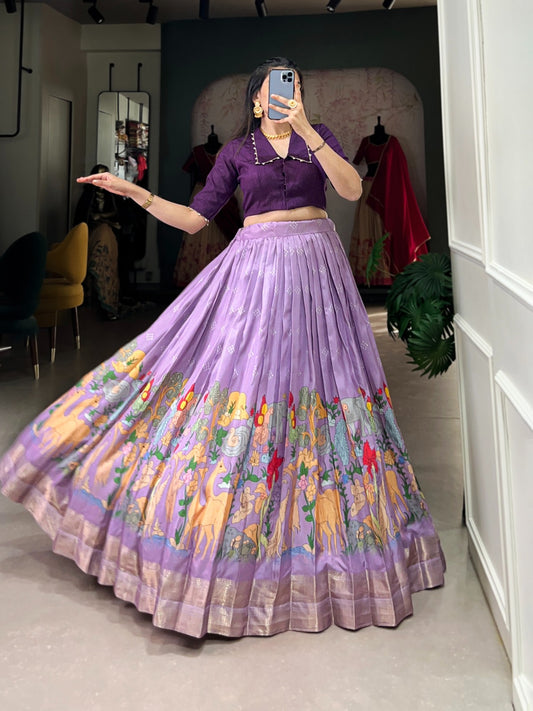 Lavender dola silk kalamkari printed lehenga for women price
