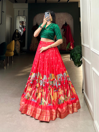 Red dola silk kalamkari printed lehenga design 
