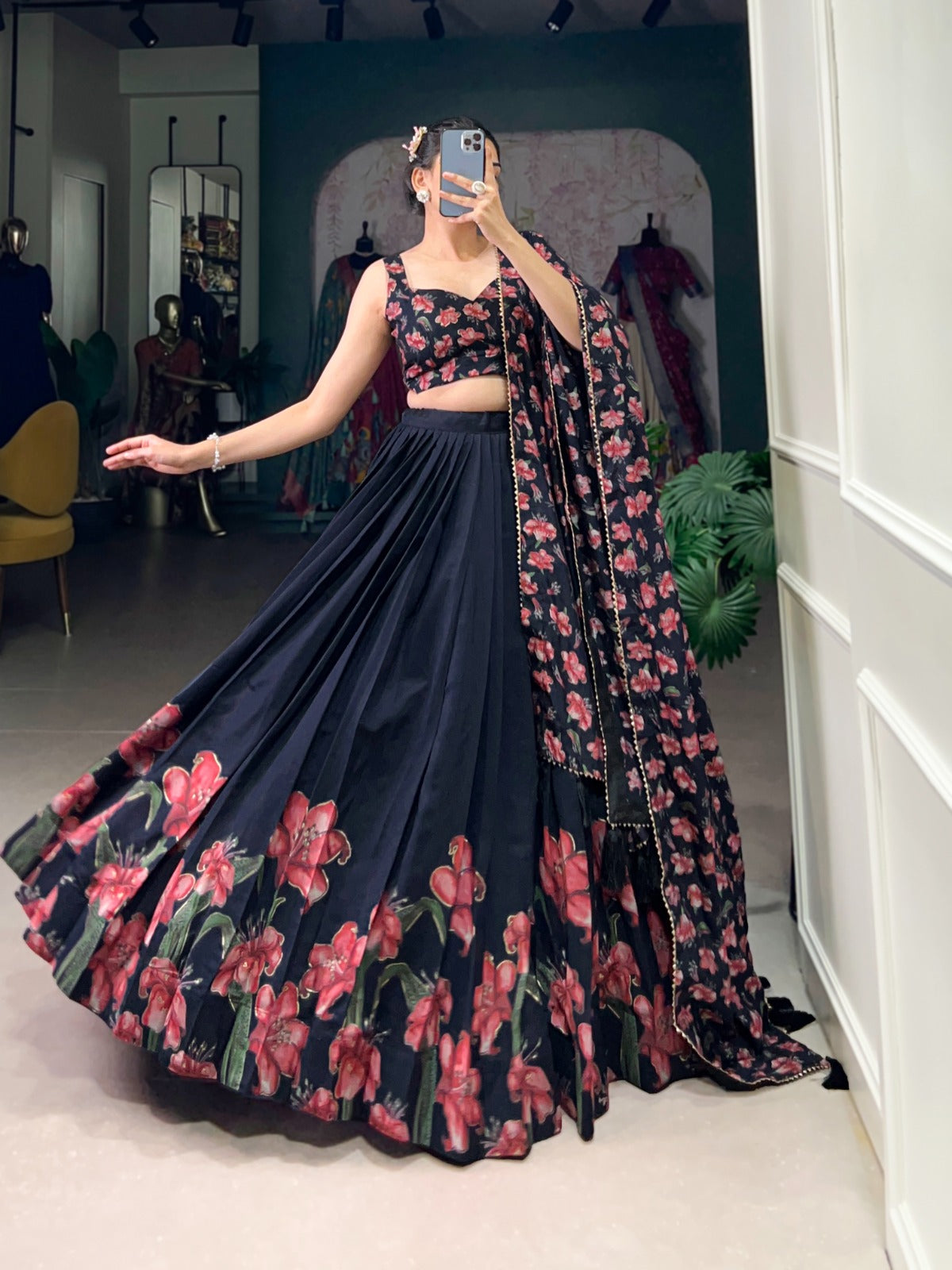 Navy blue color tussar silk lehenga choli with dupatta
