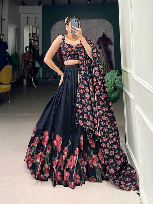 Navy blue color tussar silk lehenga choli for women online
