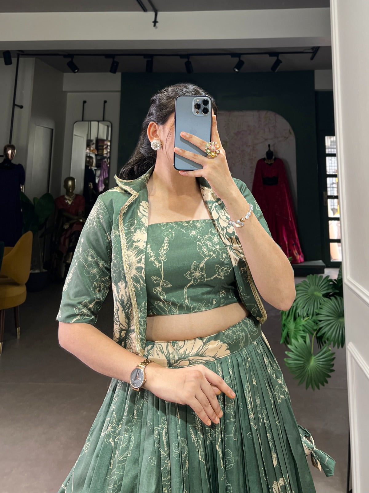Bottle Green Color tussar silk lehenga choli online