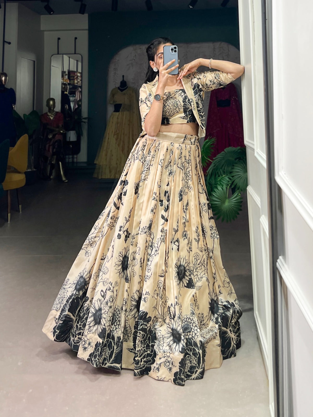 Cream color tussar silk lehenga choli with koti for women online
