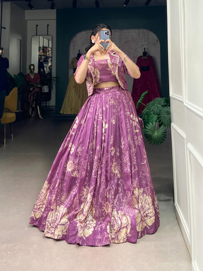 Purple color tussar silk lehenga choli with koti for women price
