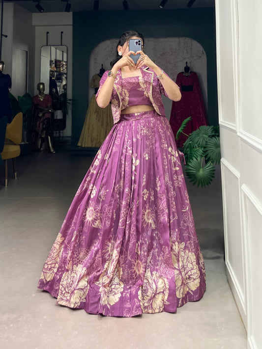 Purple color tussar silk lehenga choli with koti for women price
