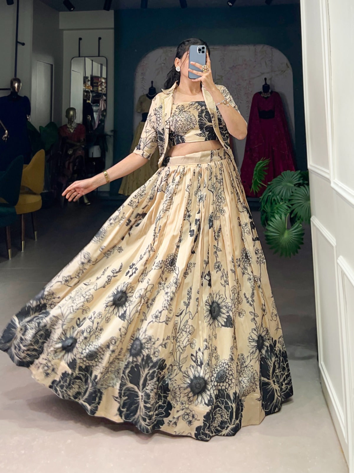 Cream color tussar silk lehenga choli with koti for wedding
