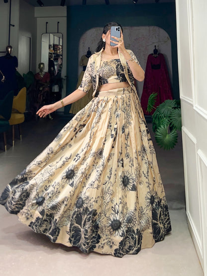 Cream color tussar silk lehenga choli with koti for wedding
