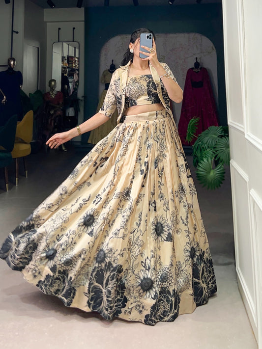 Cream color tussar silk lehenga choli with koti for wedding
