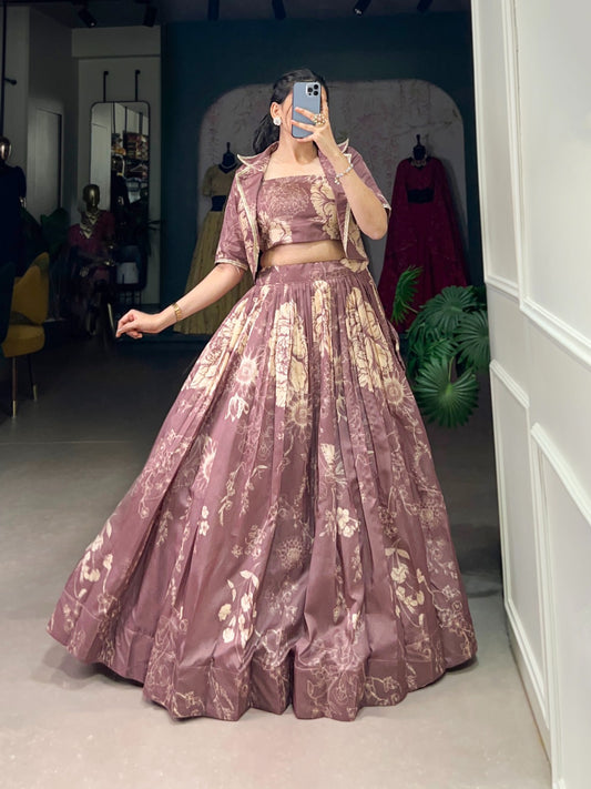Onion color tussar silk lehenga choli with koti for women online
