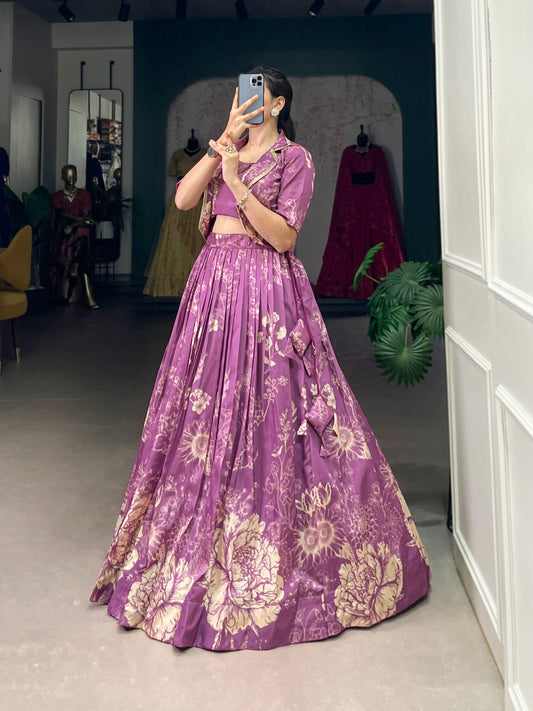 Purple color tussar silk lehenga choli with koti for women online
