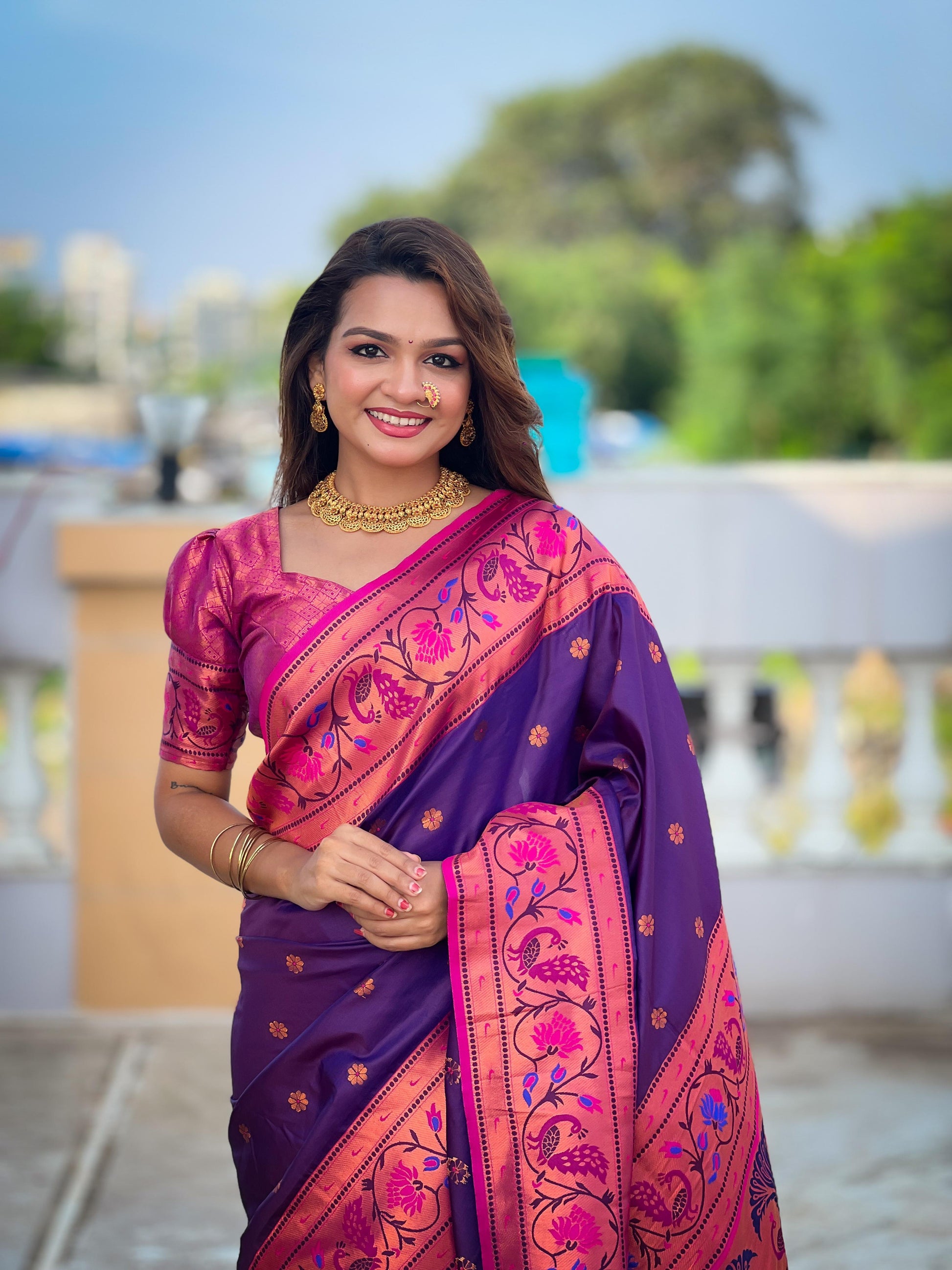 Purple color vichitra silk saree for wedding