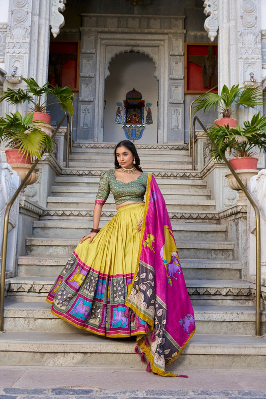 Mustard color tussar silk lehenga choli for women online
