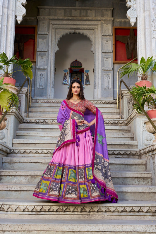 Peach color tussar silk lehenga choli for women online
