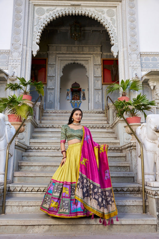 Mustard color tussar silk lehenga choli for women with price
