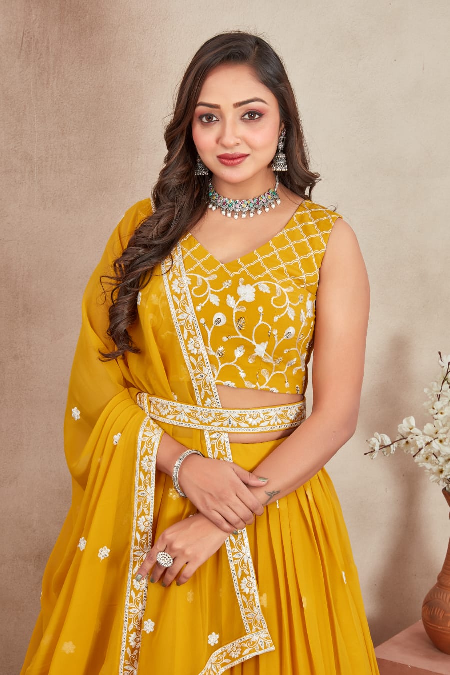 Yellow color georgette sequins work lehenga choli for haldi rasam
