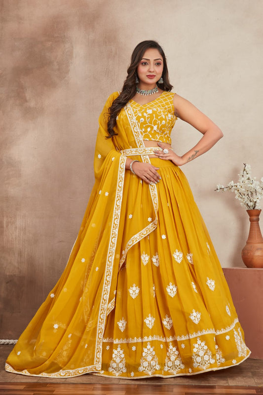Yellow color georgette sequins work lehenga choli for women 
