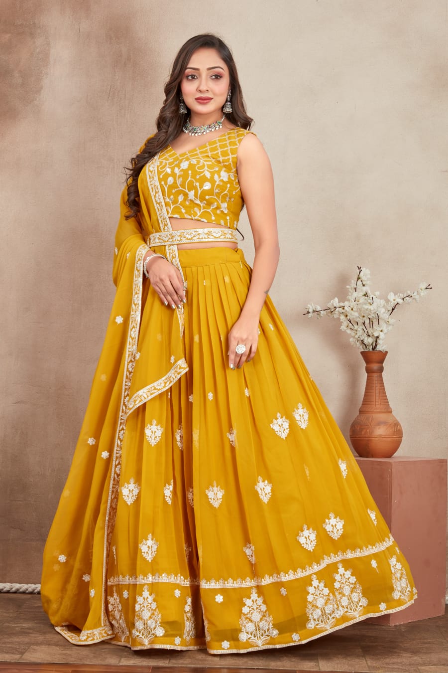 Yellow color georgette sequins work lehenga choli online

