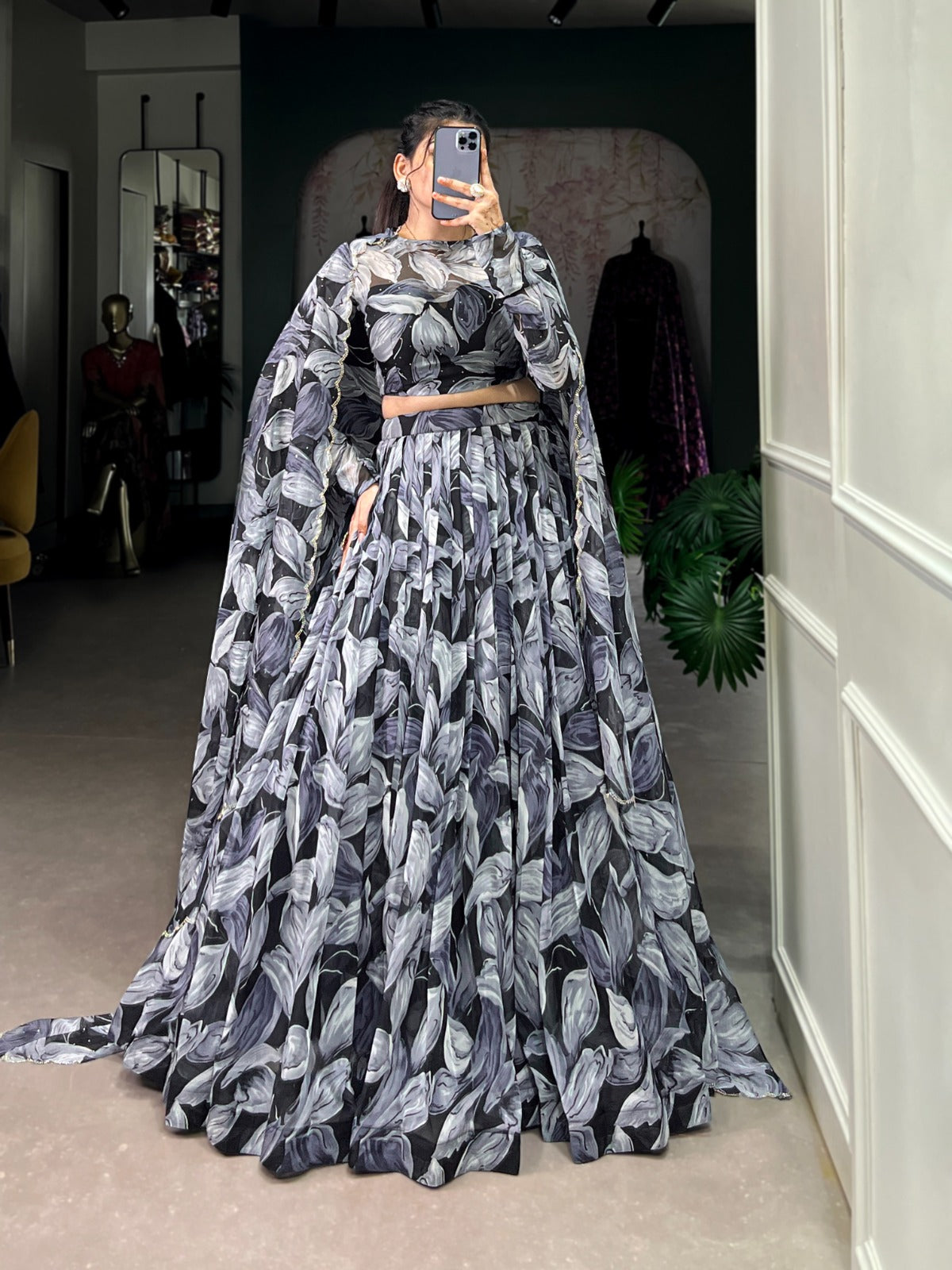 Black color tabby silk printed lehenga choli for women online
