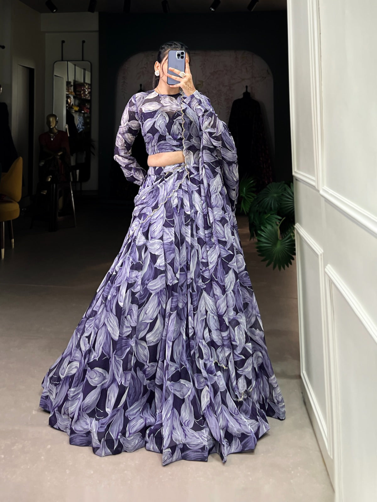 Navy Blue color tabby silk printed lehenga choli price