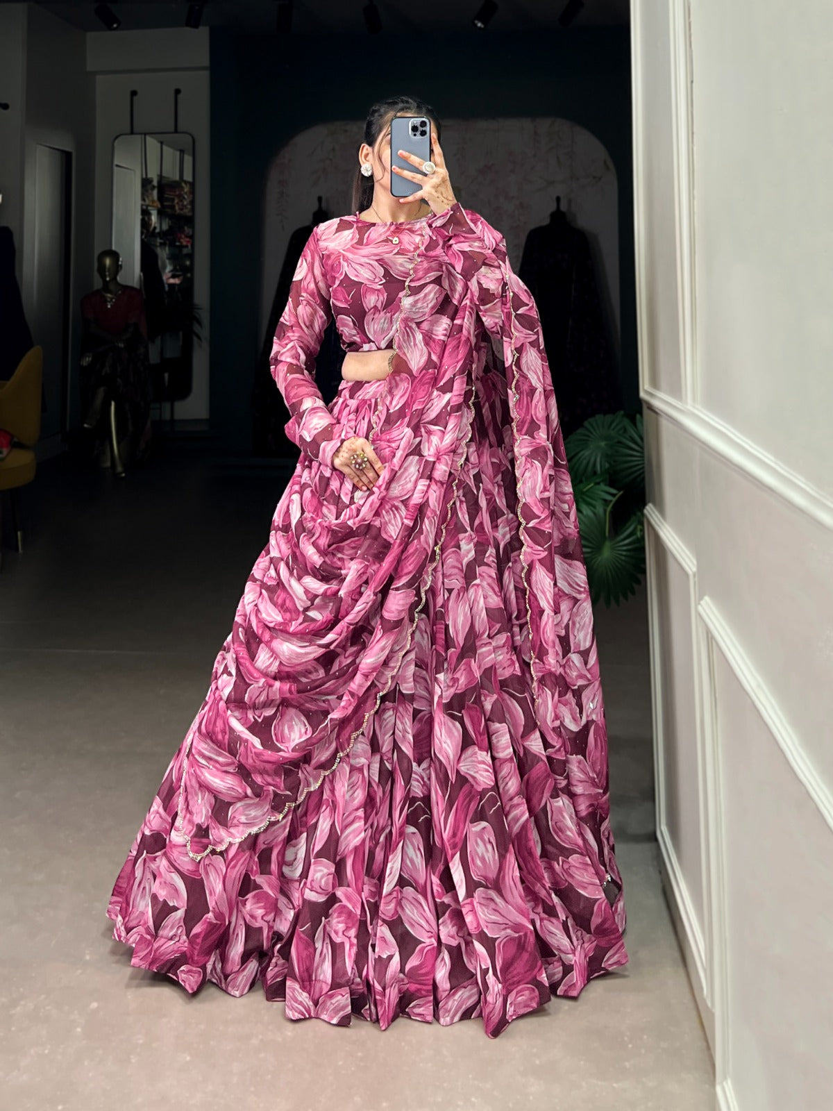 Maroon color tabby silk printed lehenga choli online shopping
