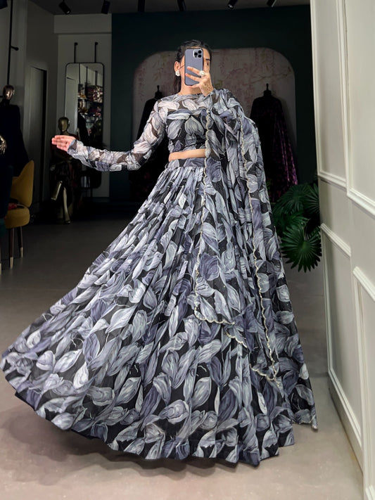Black color tabby silk printed lehenga choli for wedding