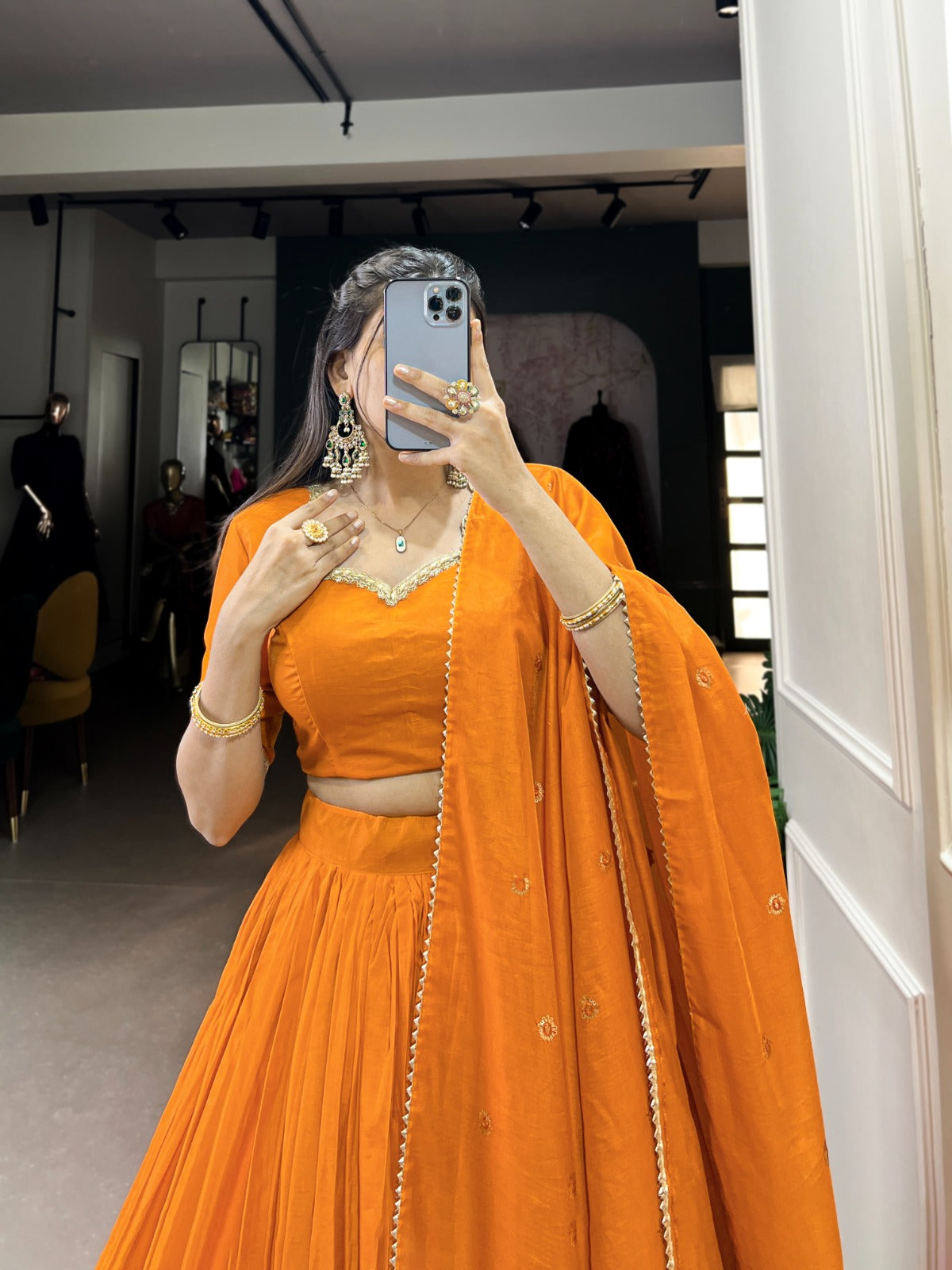 Orange color pure chanderi lehenga choli online shopping