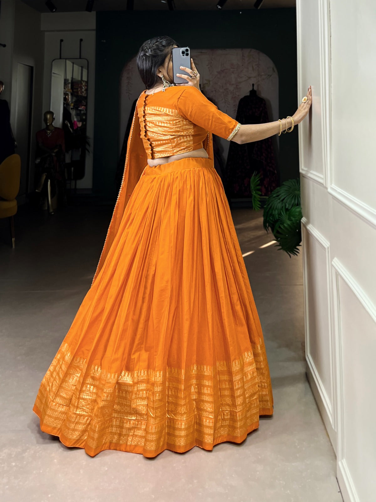 Orange color pure chanderi lehenga choli for wedding