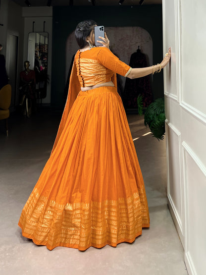 Orange color pure chanderi lehenga choli for wedding