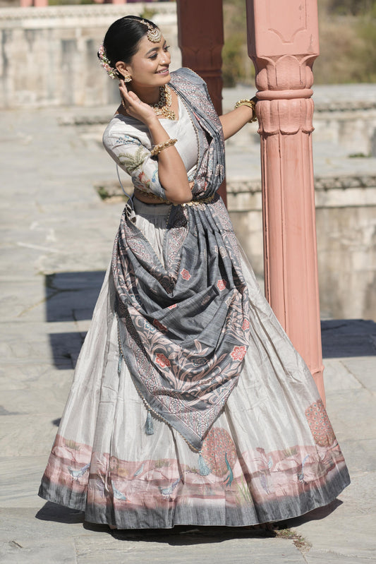 Grey color silk lehenga choli for wedding