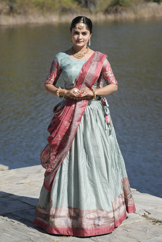 Sky color manipuri silk lehenga choli images