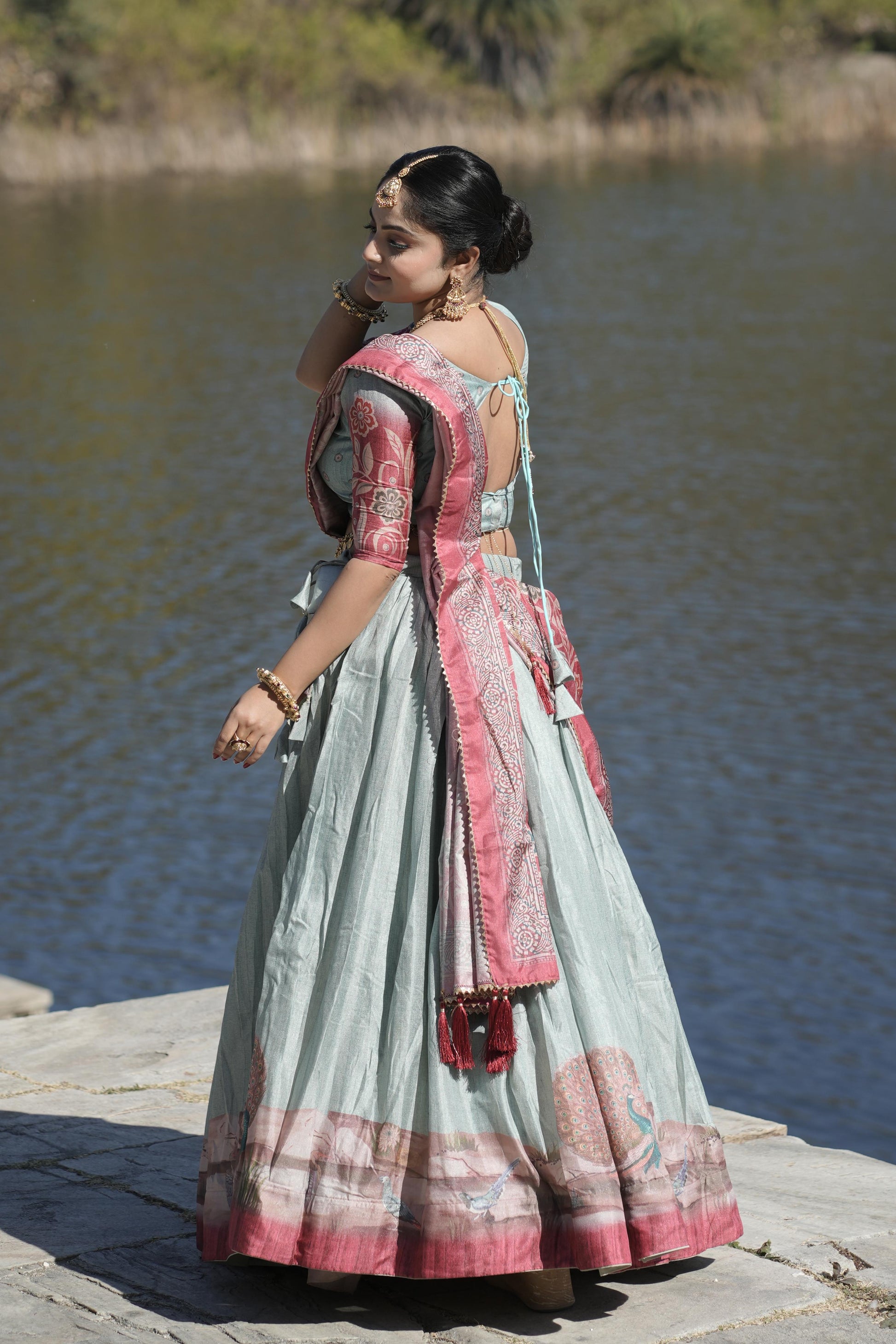 Sky color manipuri silk lehenga choli price