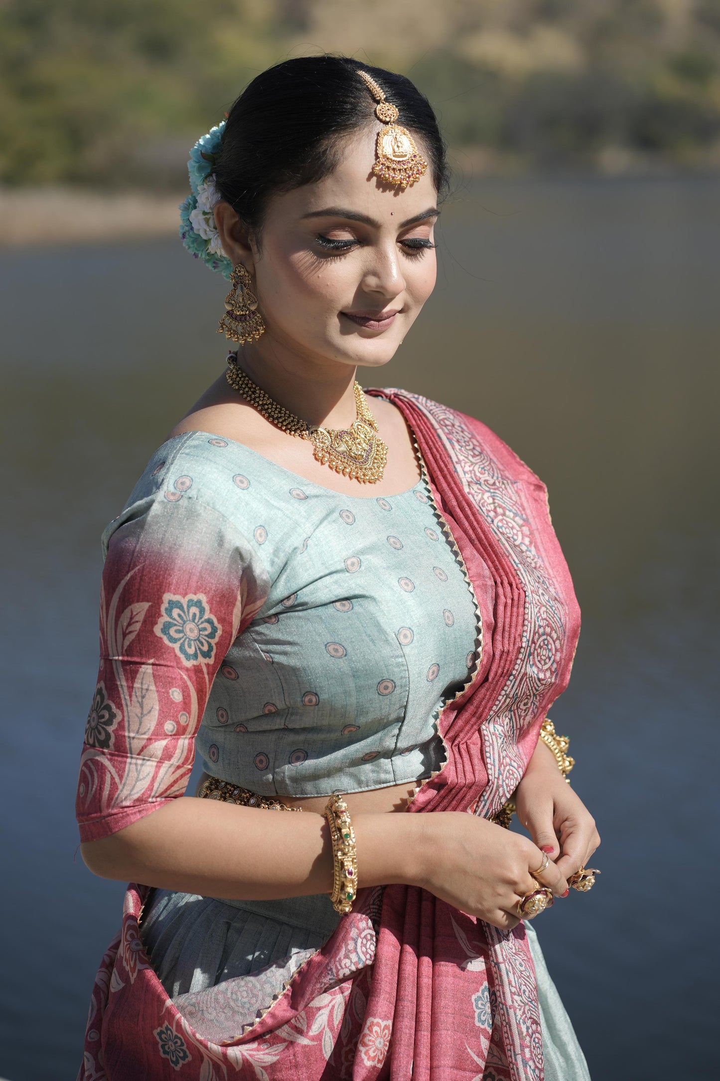 Sky color manipuri silk lehenga choli with dupatta