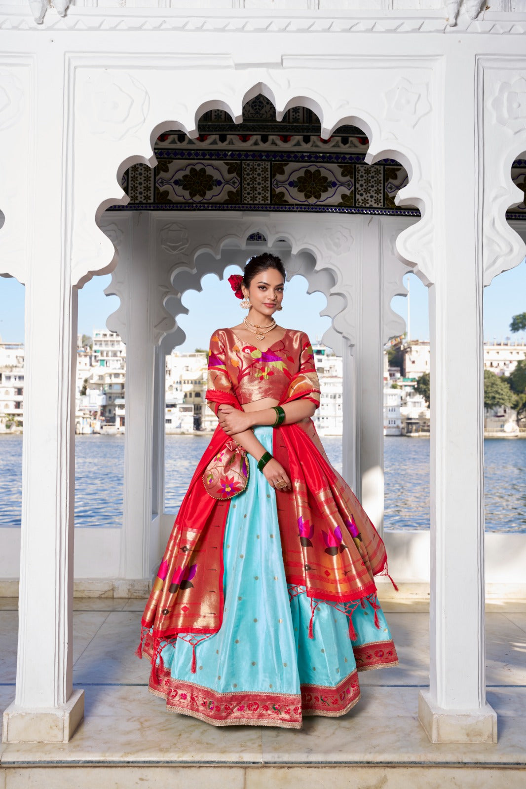 Sky blue color jacquard silk lehenga choli for women online

