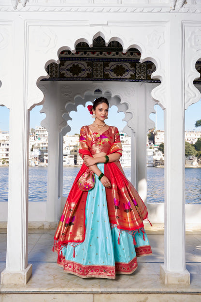 Sky blue color jacquard silk lehenga choli for women online
