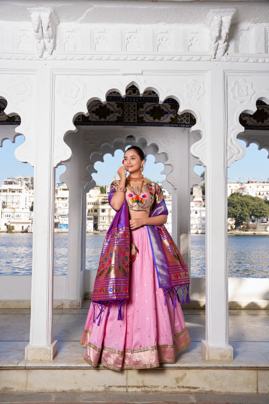 Light pink color jacquard silk lehenga choli for women online
