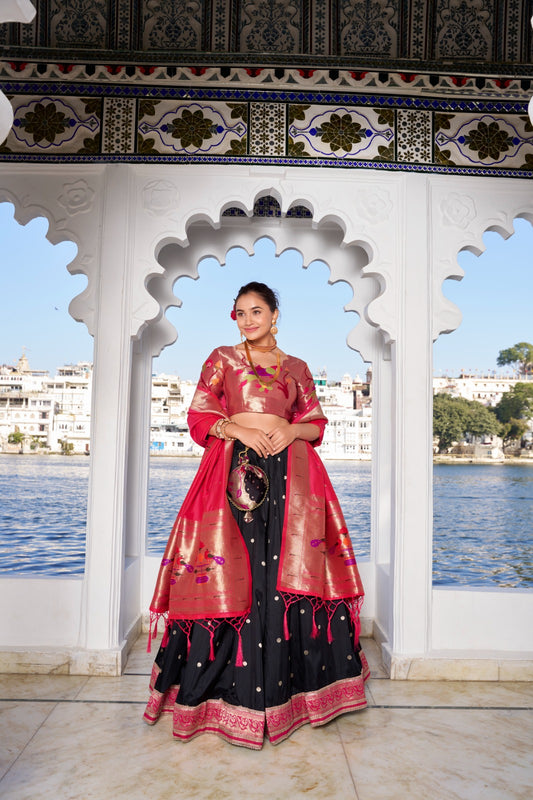 Black color jacquard silk lehenga choli for women online shopping
