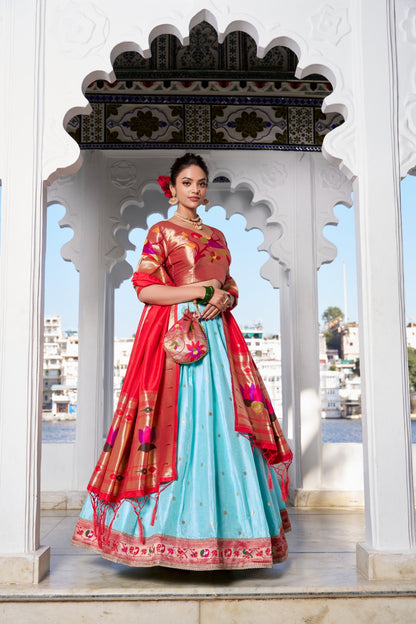 Sky blue color jacquard silk lehenga choli for wedding
