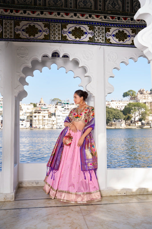Light pink color jacquard silk lehenga choli for women
