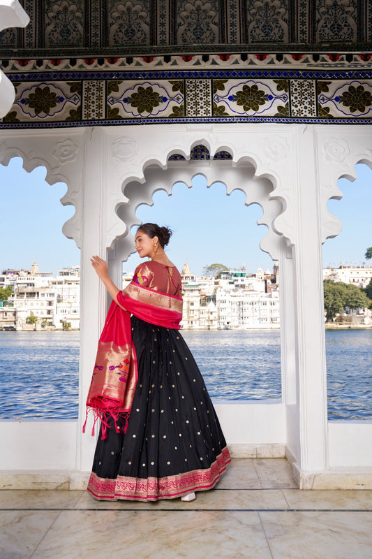 Black color jacquard silk lehenga choli for women online
