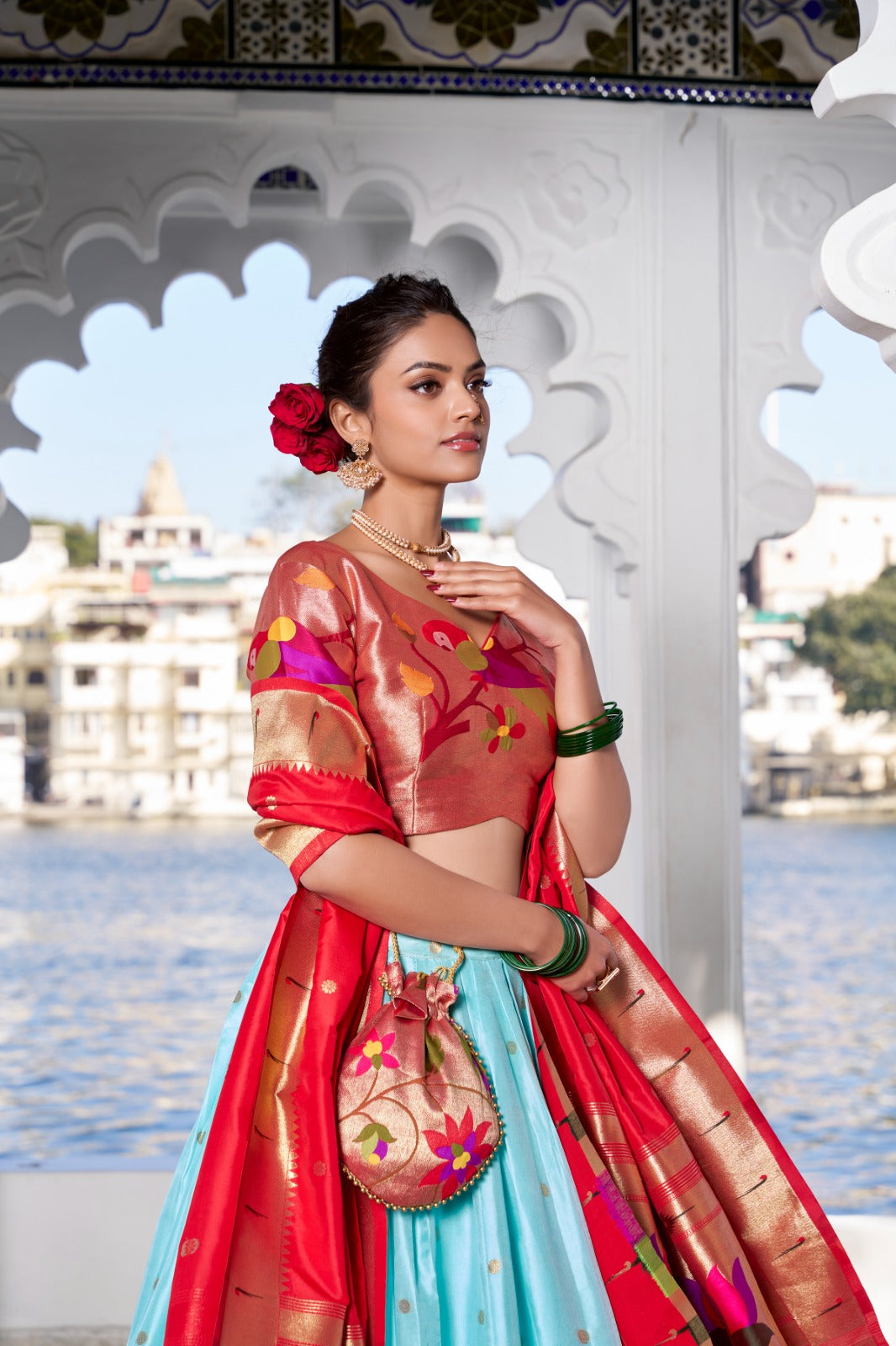 Sky blue color jacquard silk lehenga choli online

