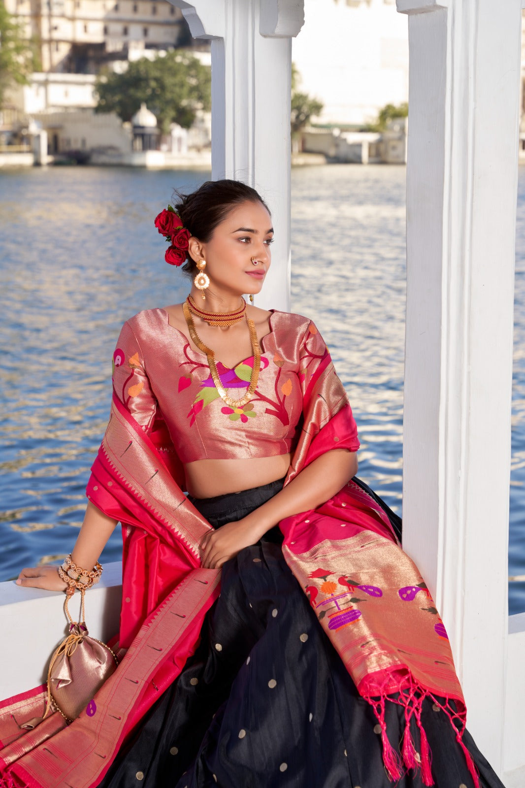 Black color jacquard silk lehenga choli price

