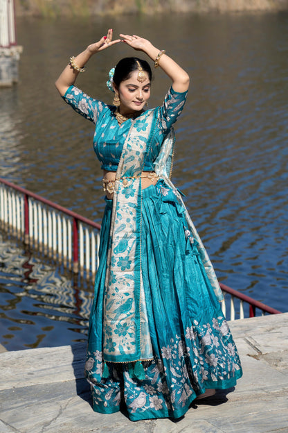 Cyan color silk lehenga choli for women images
