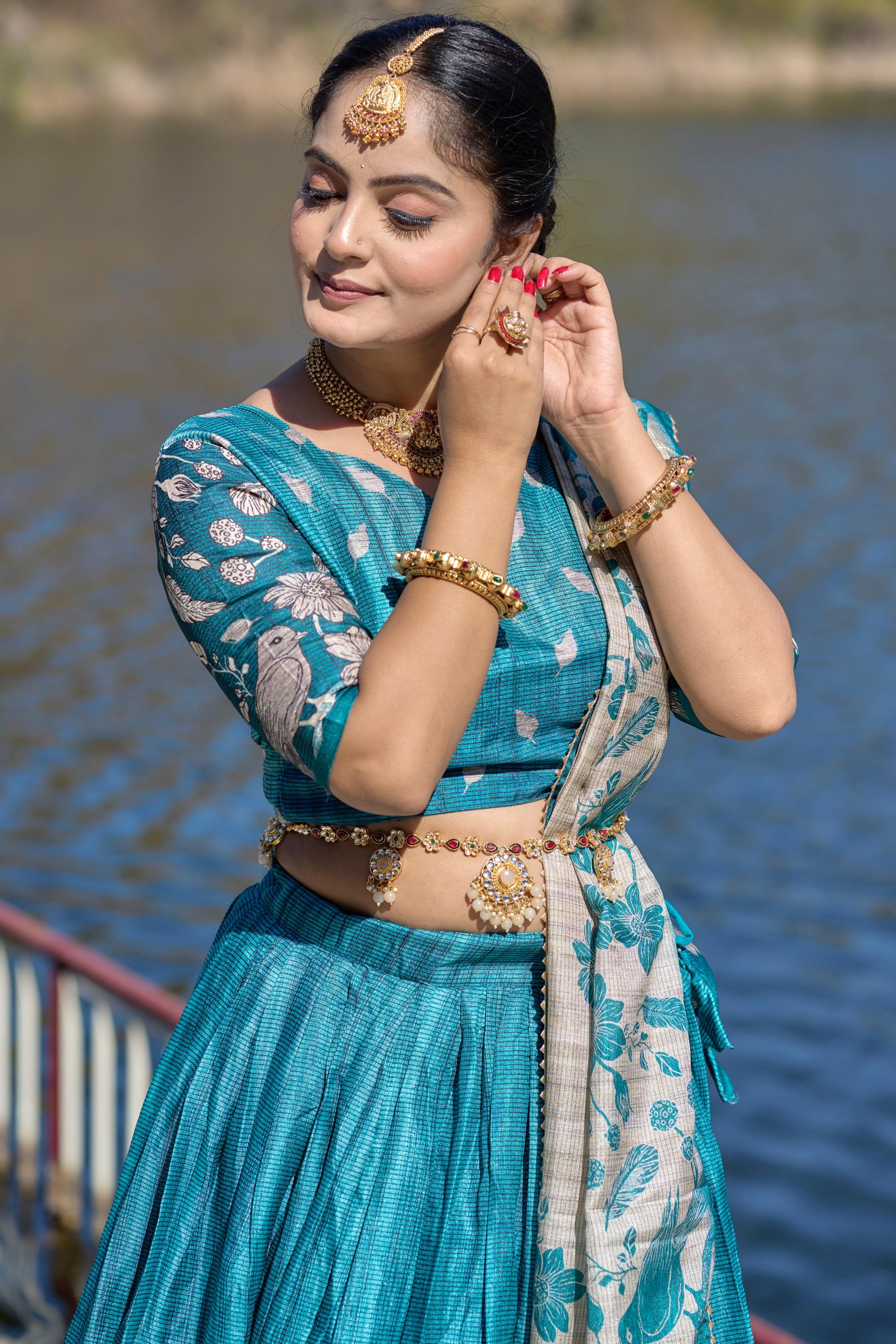 Cyan color silk lehenga choli for wedding party
