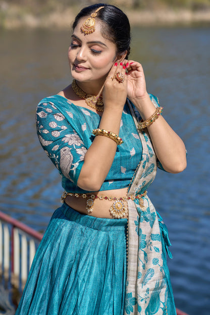 Cyan color silk lehenga choli for wedding party

