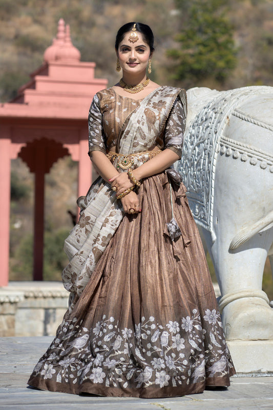 Brown color silk lehenga choli for women with price
