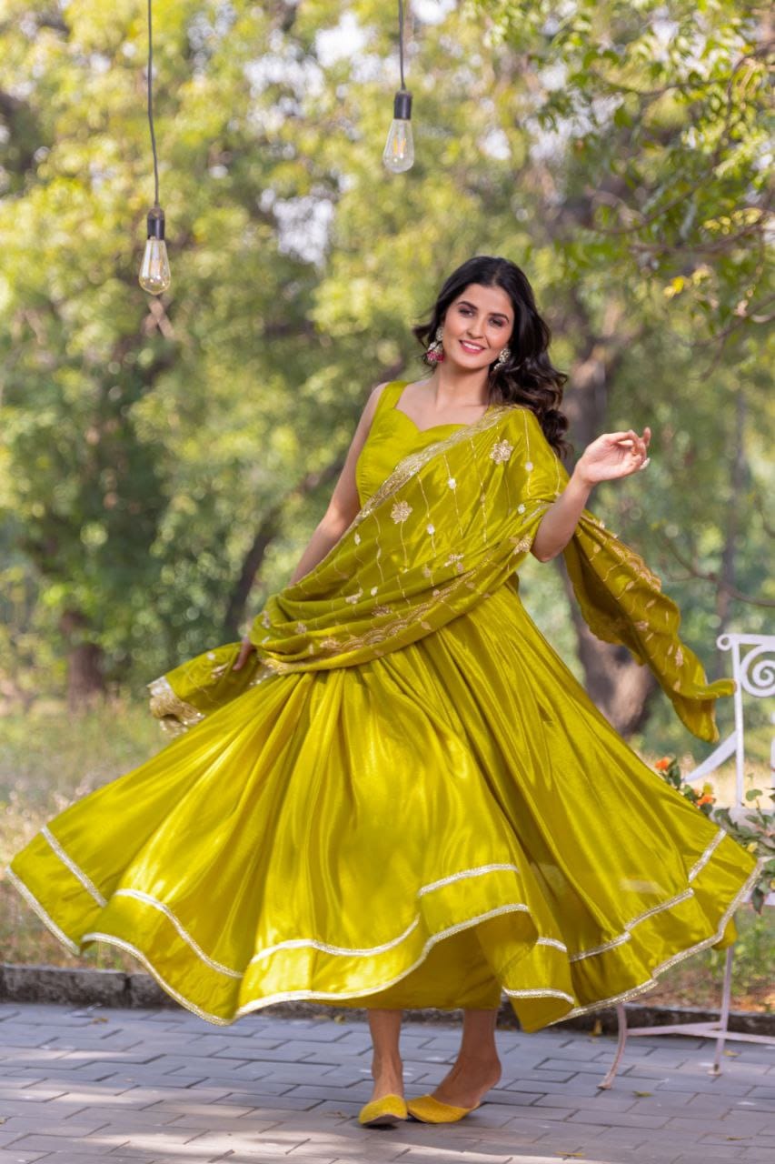 Parrot green color chinon silk long gown with dupatta images