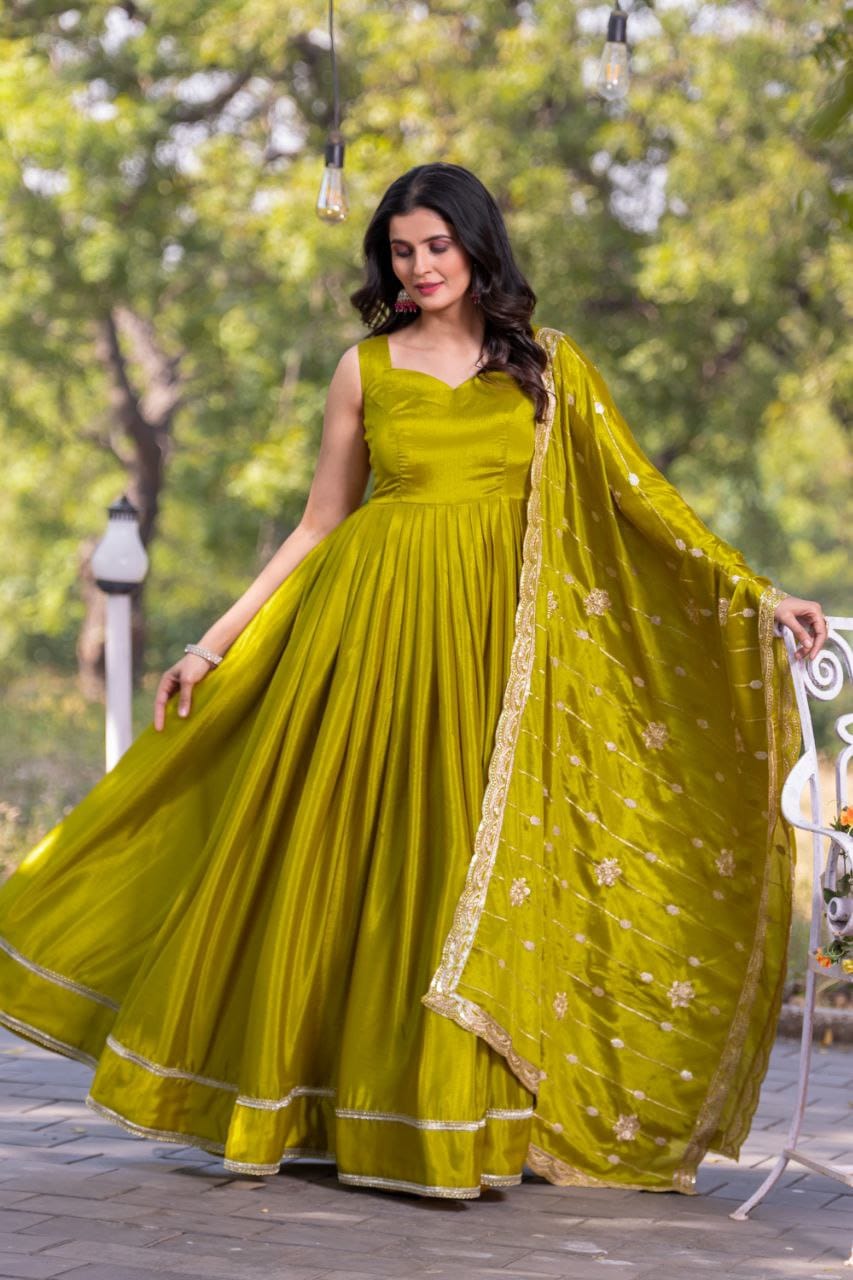 Parrot green color chinon silk long gown with dupatta